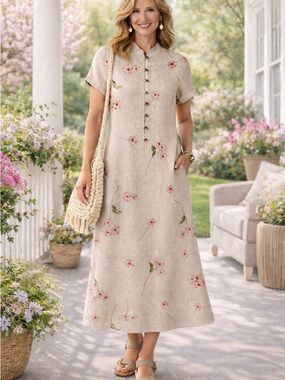 Cold Water Creek Linen Blend Floral Midi Dress | Spring Cottage Core | 10